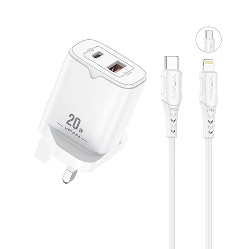 VFAN شاحن حائط سريع 20W PD QC3.0 مع كابل USB-C إلى Lightning