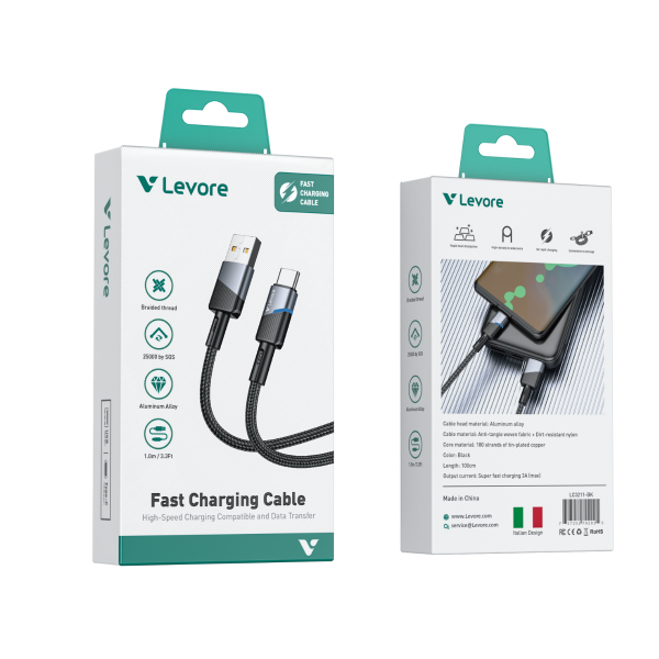 LC3211 Levore USB A to Type C Braided Cable (Model LC3211) featuring 3A rapid charging, convenient storage, and rapid heat dissipation for efficient charging.