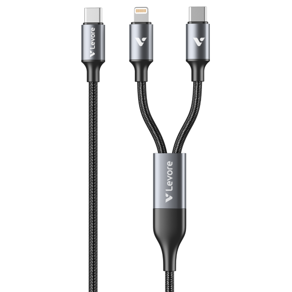Levore 2 IN 1 Fast Charging Cable with durable aluminum alloy head, anti-tangle woven fabric design, and sleek black color, showcasing its high-quality build.