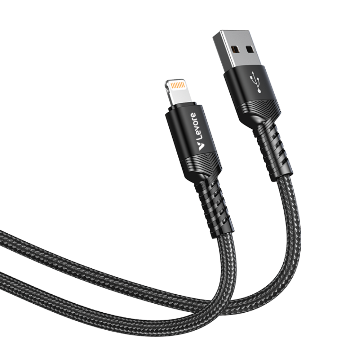 Levore USB A to Lightning Braided High-Speed Data Cable (Model LC7211) with 3A super fast charging, braided thread design, and aluminum alloy cable head.