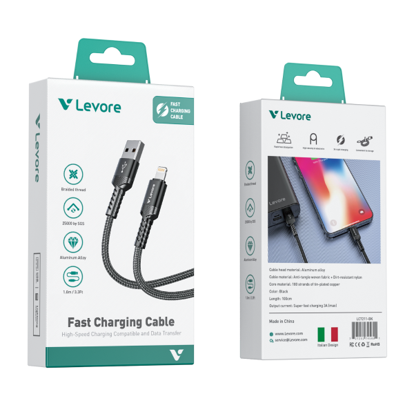 Close-up of Levore USB A to Lightning Cable (Model LC7211) featuring anti-tangle fabric, dirt-resistant nylon core, and 180 strands of tin-plated copper for efficient charging.