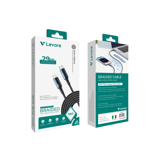 LC8413 Close-up of Levore Type C to Lightning Cable (Model LC8413) showcasing its soft-to-touch braided material, super strength, and 5000+ bend lifespan.