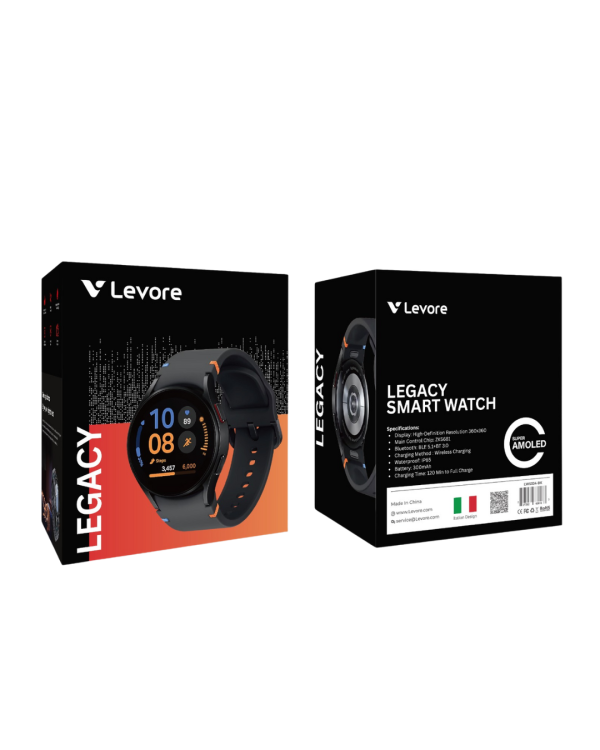 Close-up of Levore LEGACY Smart Watch (Model LWS324) showing durable metal bezel, pedometer, and camera control features.