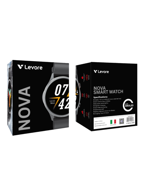Levore NOVA Smart Watch (Model LWS424) with water-resistant technology, durable metal bezel, and heart rate monitoring.