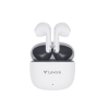 White Levore LBT202 True Wireless Earbuds with charging case showing sleek ergonomic design and LED indicator.