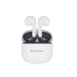 White Levore LBT202 True Wireless Earbuds with charging case showing sleek ergonomic design and LED indicator.