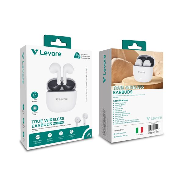 Levore LBT202 retail packaging displaying Bluetooth 6.0 features and 320mAh battery specifications.