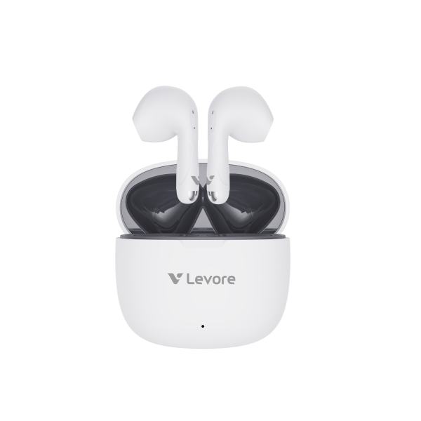 White Levore LBT202 True Wireless Earbuds with charging case showing sleek ergonomic design and LED indicator.