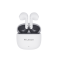 White Levore LBT202 True Wireless Earbuds with charging case showing sleek ergonomic design and LED indicator.