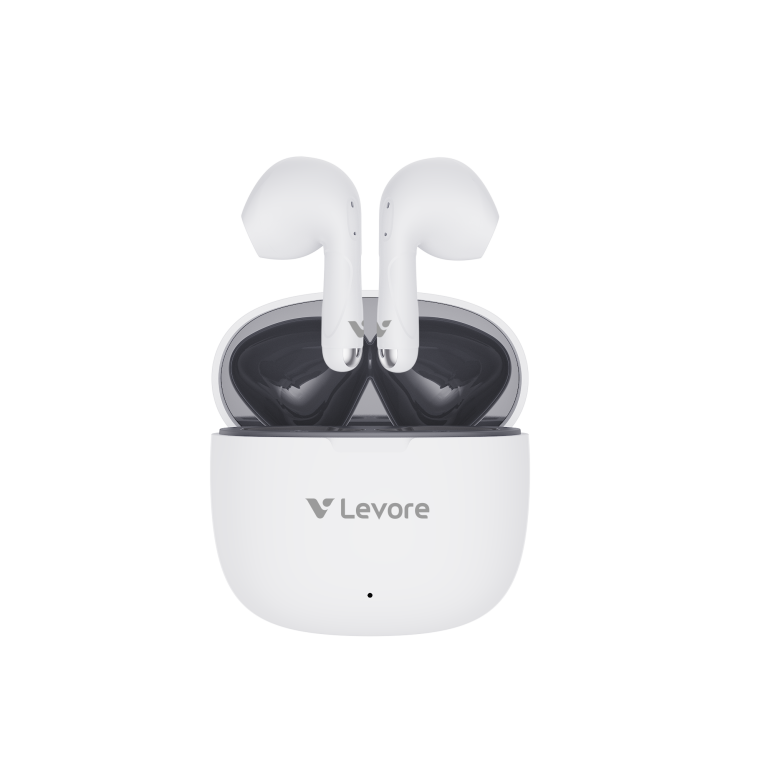White Levore LBT202 True Wireless Earbuds with charging case showing sleek ergonomic design and LED indicator.