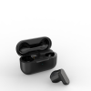 Levore LBT203 black true wireless earbuds with open charging case showing ergonomic design and Hi-Fi sound branding.