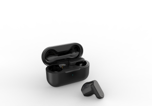 Levore LBT203 black true wireless earbuds with open charging case showing ergonomic design and Hi-Fi sound branding.