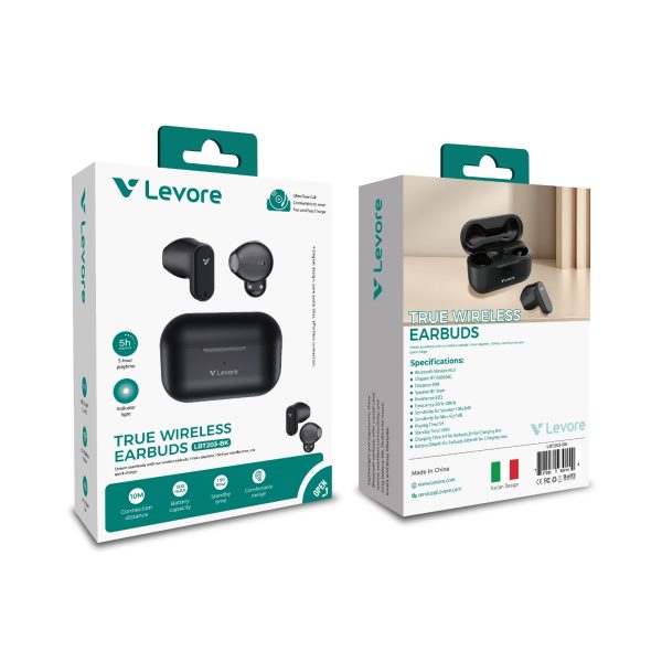 Retail packaging of Levore LBT203 wireless earbuds detailing 300mAh battery and Bluetooth 6.0 features.