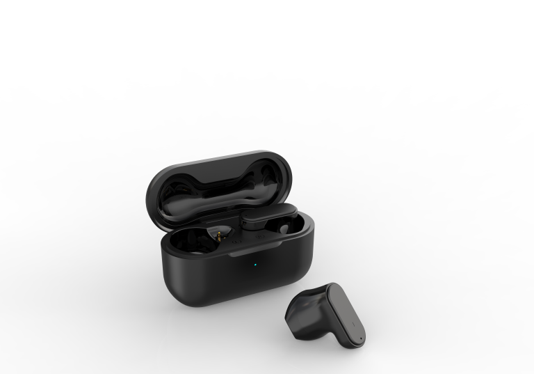 Levore LBT203 black true wireless earbuds with open charging case showing ergonomic design and Hi-Fi sound branding.