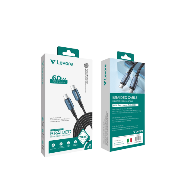 Levore LC5212 60W USB-C to USB-C Braided Cable for iPhone 15 and 16 charging.