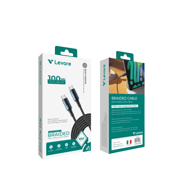 Levore 100W Type C cable packaging highlighting 5000 plus bend lifespan and over voltage protection features.