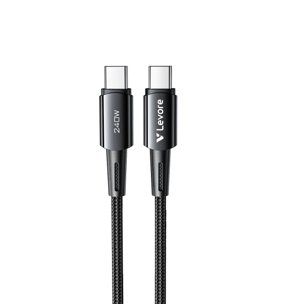 Levore LC5214 240W USB-C to USB-C Braided High Speed Data Cable showing 1-meter length and durable connectors.