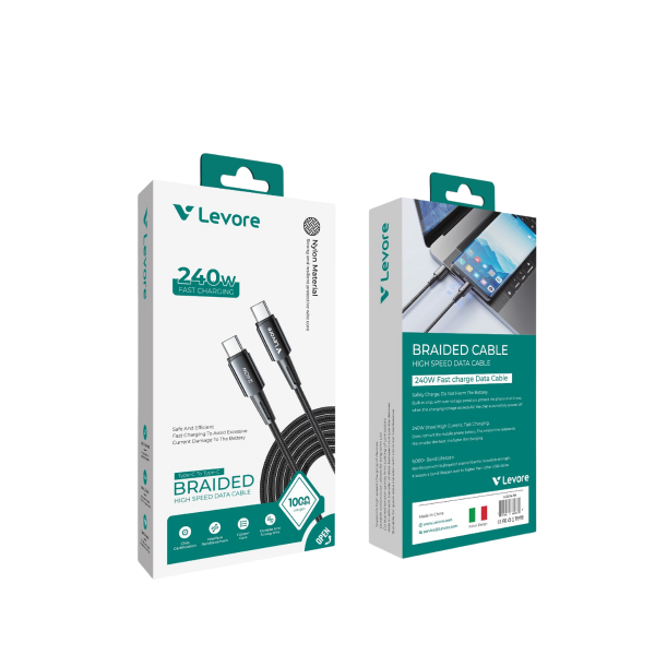Close-up of Levore Type C cable packaging highlighting 240W fast charging and 5000 plus bend lifespan features.