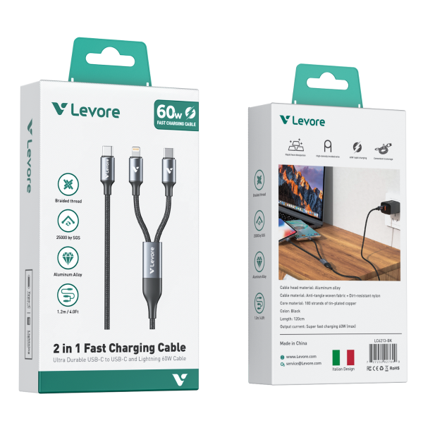 Durable black braided 2-in-1 data cable by Levore showing aluminum alloy heads and tangle-free nylon texture.