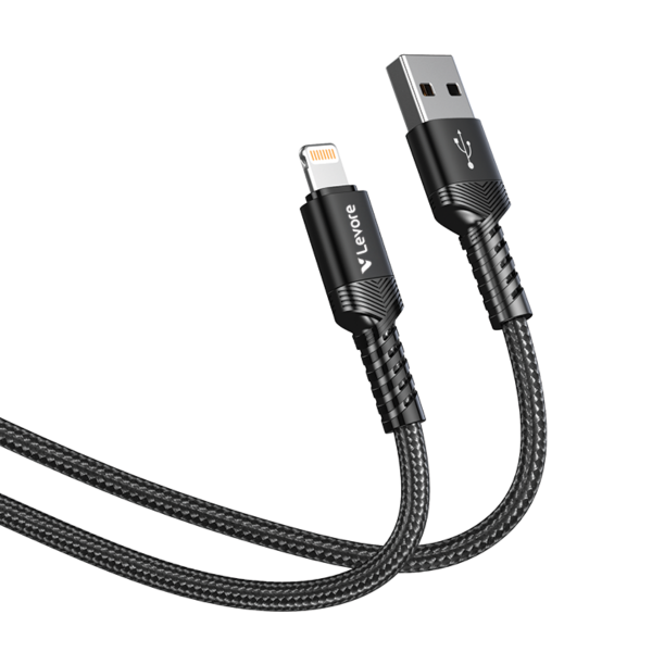 Levore LC7211 1-meter USB-A to Lightning braided cable with 3A fast charging and aluminum alloy connectors.