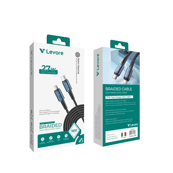 Close-up of Levore LC8412 high-speed data cable showing the premium braided texture and over-voltage protection chip.