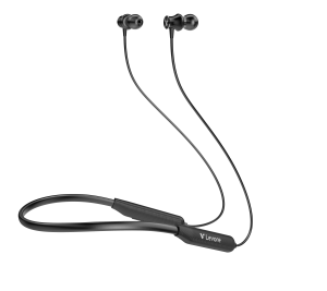 Levore LEB46 black wireless neckband earphones with magnetic earbuds and ergonomic silicone neck strap.