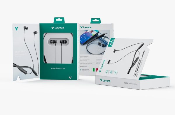 Technical specifications of Levore LEB46 wireless neckband earphones showing 30-hour battery and Bluetooth 5.3.