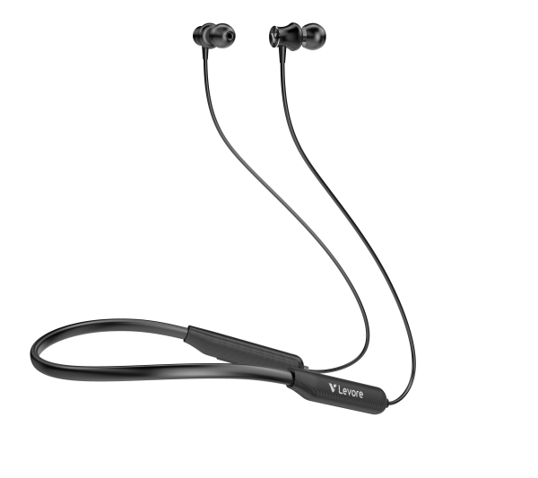 Levore LEB46 black wireless neckband earphones with magnetic earbuds and ergonomic silicone neck strap.