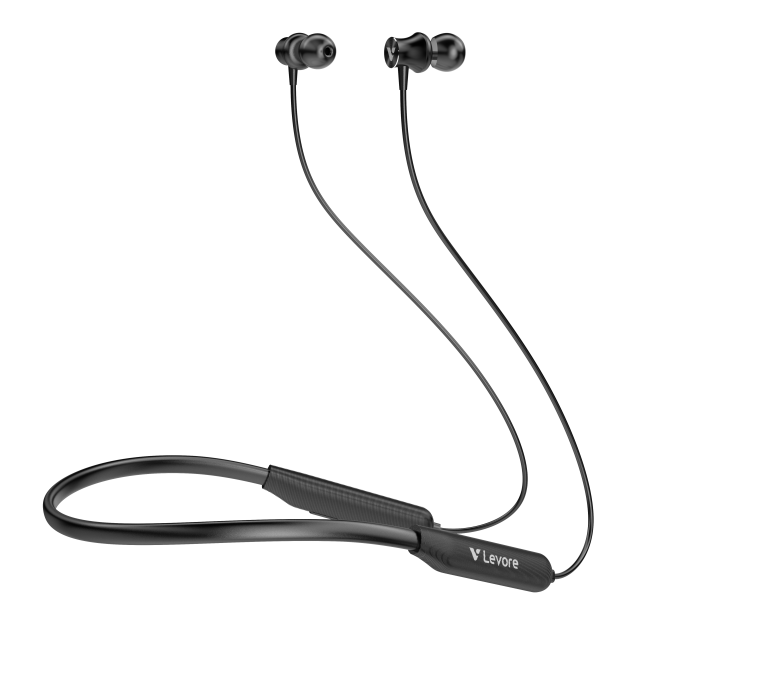 Levore LEB46 black wireless neckband earphones with magnetic earbuds and ergonomic silicone neck strap.