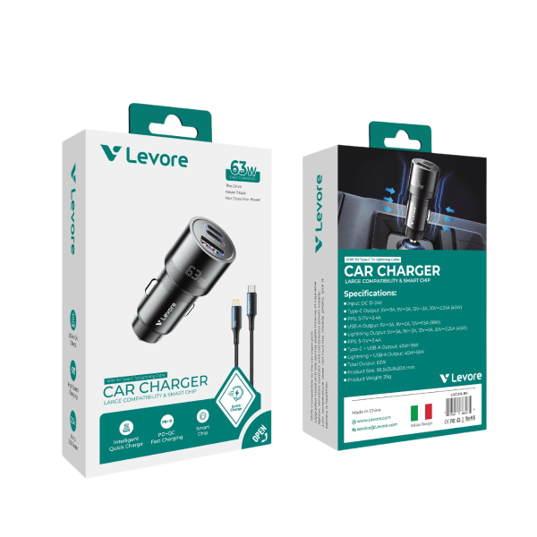 Levore car charger retail box with included 1-meter Type-C to Lightning charging cable.