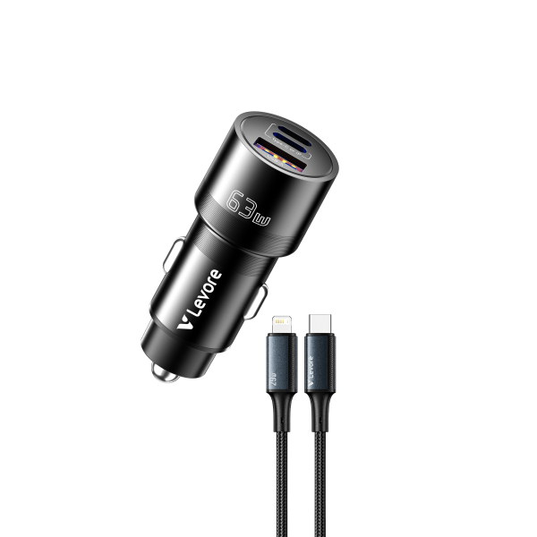 Levore LGC121L 63W 3-port car charger with USB-A, Type-C, and Lightning port indicators.