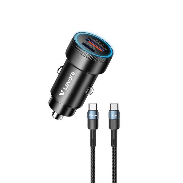 Levore LGC124C 54W Dual Port Car Charger showing USB-C and USB-A ports with LED ring.