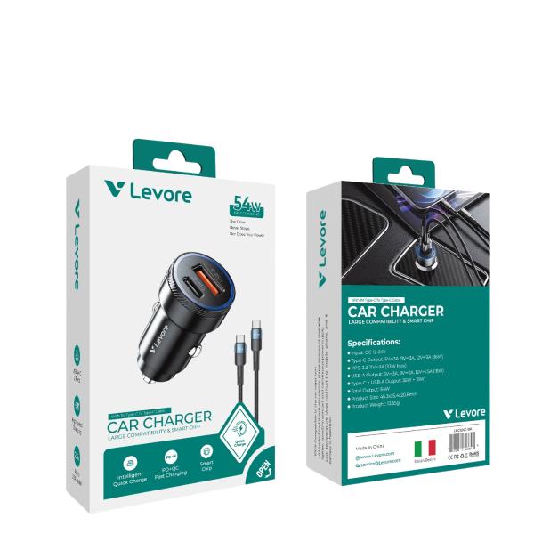 Levore car charger retail packaging with included 1-meter braided Type-C to Type-C cable.