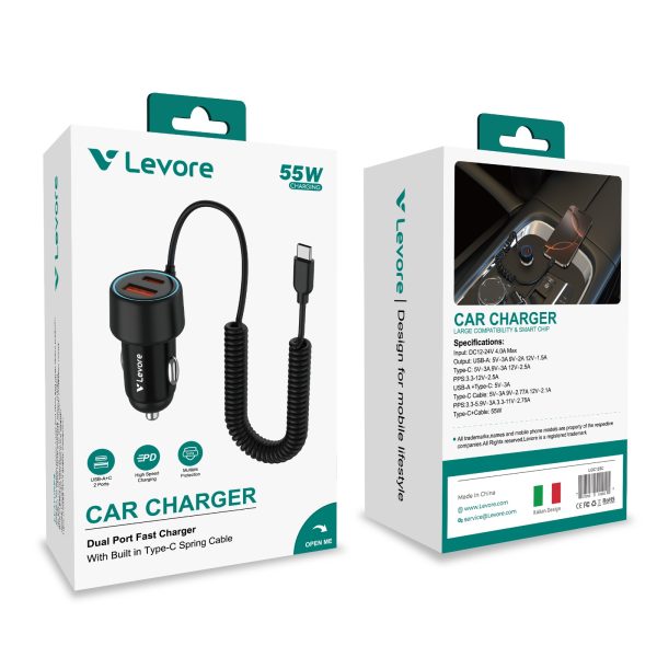 Black 55W car charger adapter showing coiled spring cable and smart chip protection for safe charging.