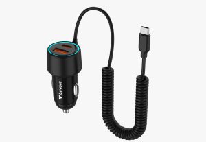 Levore LGC125C 55W fast car charger with built-in Type-C spring cable and dual charging ports.