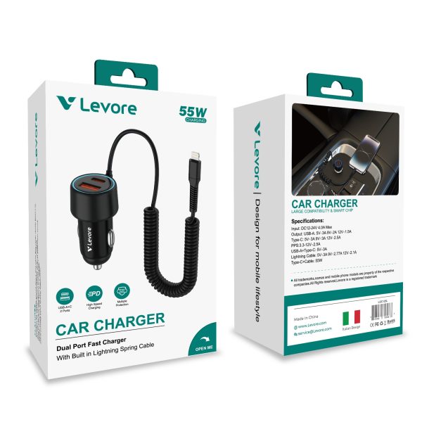 Premium 55W car adapter with coiled Lightning cable for clutter-free iPhone charging in the car.