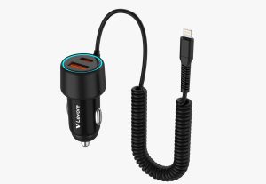 Levore LGC125L 55W fast car charger for iPhone with built-in Lightning spring cable and dual ports.