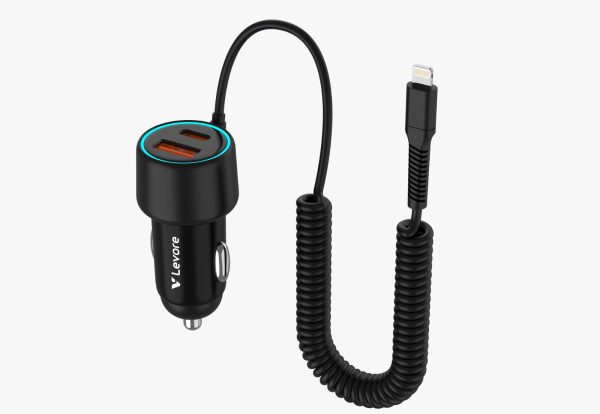 Levore LGC125L 55W fast car charger for iPhone with built-in Lightning spring cable and dual ports.