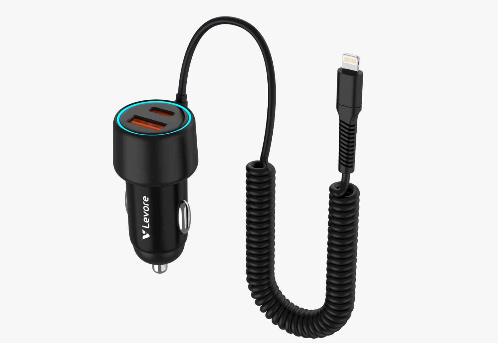 Levore LGC125L 55W fast car charger for iPhone with built-in Lightning spring cable and dual ports.