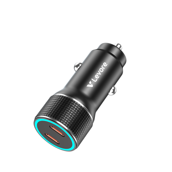 Levore LGC127 60W Dual USB-C fast car charger with aluminum alloy body and LED light.