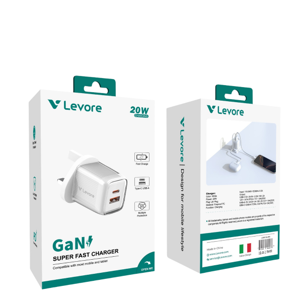 White Levore LGW126 charger showing the transparent-style casing and dual charging ports.