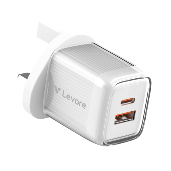 Compact Levore 20W GaN wall charger with dual ports for mobile and tablet fast charging.