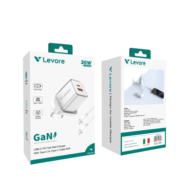Levore LGW132 fast charger retail packaging showing GaN 30W charging and multiple protection features.