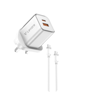 Levore 30W GaN Dual Port Wall Charger (White) featuring USB-C and USB-A ports with the included white braided Type-C cable.