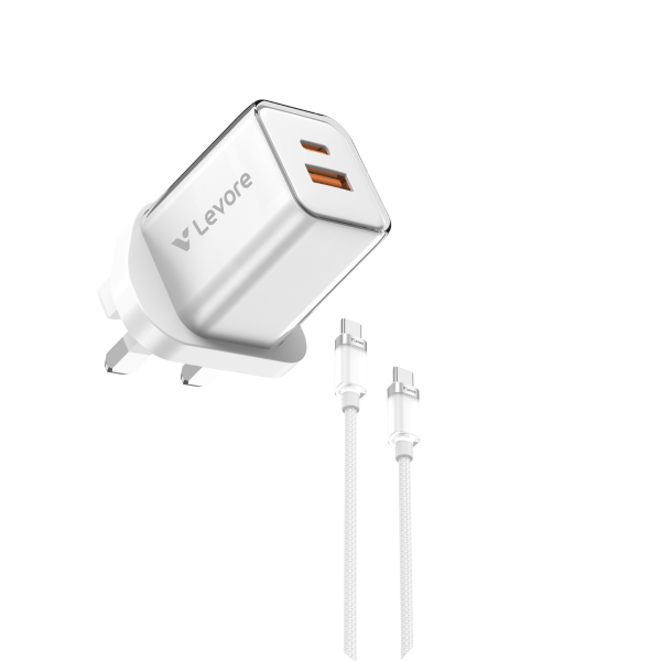 Levore 30W GaN Dual Port Wall Charger (White) featuring USB-C and USB-A ports with the included white braided Type-C cable.