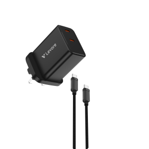 Levore 45W GaN Dual USB-C Wall Charger in black with braided Type-C cable, showing compact design and retail packaging.