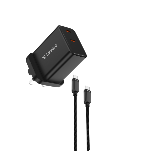 Levore 45W GaN Dual USB-C Wall Charger in black with braided Type-C cable, showing compact design and retail packaging.