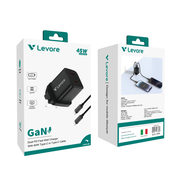 Levore 65W GaN charger retail box featuring the included braided USB-C to USB-C cable.