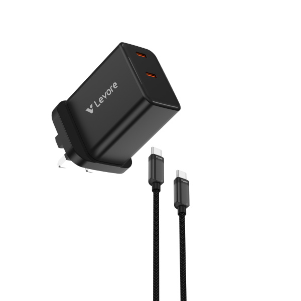 Levore LGW161 65W GaN dual USB-C wall charger with sleek black fireproof design.