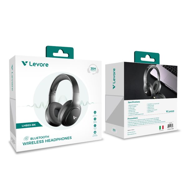 Levore LHB53 retail packaging showing 30-hour playtime and Bluetooth V5.4 specifications.